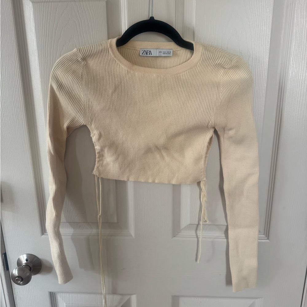 Zara Beige Ribbed Long Sleeve Crop Top